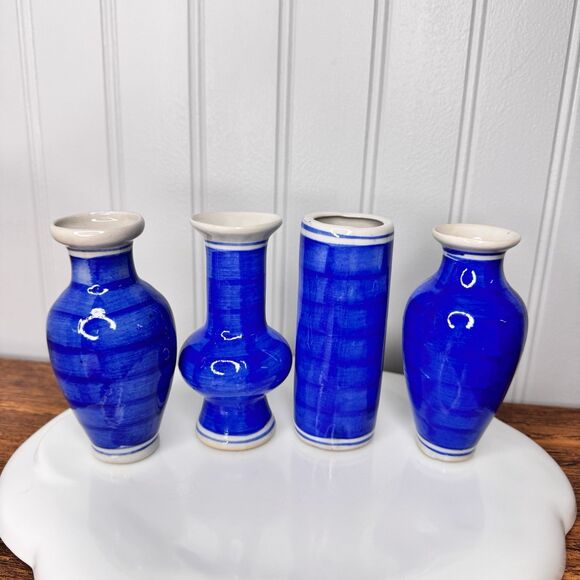 4 Vintage Chinese Porcelain Blue & White Floral Miniature 4” Bud Mini Vase Lot - Picture 5 of 8